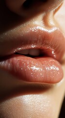 Obraz premium Close-up of glossy lips reflecting soft light during a beauty session showcasing natural makeup