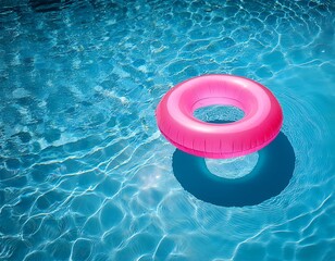 swimming pool inner tube floating in the clear pool pink inner tube inflatable ring background top view