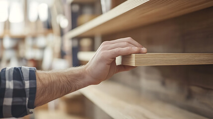Obraz premium Hand Selecting a Wooden Plank from a Shelf
