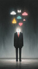 Obraz premium Whimsical Box Head Suit with Floating Clouds and Icons Representing Emotions and Elements