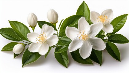 Obraz premium mock orange shrub with fragrant white citrus scented flowers isolated on clear white background highly detailed