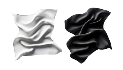Blank black and white twill silk scarf mockup viewed from the top, in 3D rendering. Empty tweed or silken headscarf accessories mockup, isolated. Clear fabric or chiffon square neckerchief cover