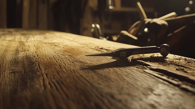 Close-up of a compass on a wooden workbench in a workshop