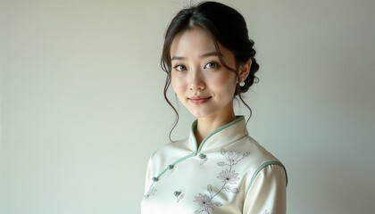 Young woman smiling while wearing a traditional dress indoors  