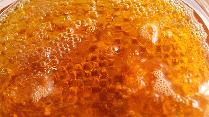 Close-up Macro View of Golden Crystallized Honey Texture in Glass Container with Distinct Crystal Formations