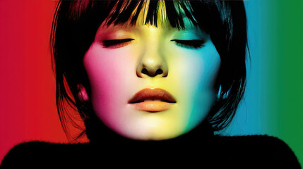 Fototapeta premium Vibrant Spectrum Portrait: Colorful Light on Woman's Face in Dark Background