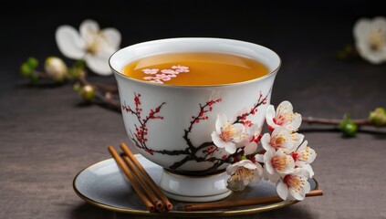 Fototapeta premium Classic porcelain bowl with plum blossom soup, elegant and festive food presentation
