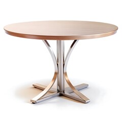 Round wooden table with metal base isolated on white background offering a modern and elegant design for home or office interiors