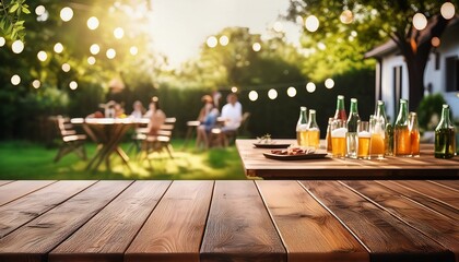summer time party in backyard with empty wooden table and blurred background