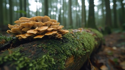 Mushroom cluster growing on a mossy log in a lush forest during a calm and serene afternoon