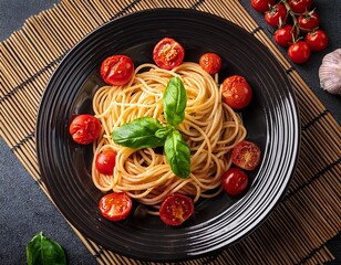 freshly cooked spaghetti with cherry tomatoes and basil on dark plate