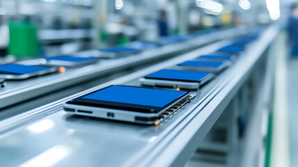 Assembly line of electronic tablets with screens. Manufacturing technology, automation of production, equipment for production.