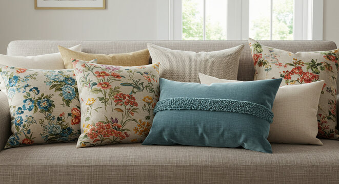 sof&aacute; com v&aacute;rias almofadas com estampas diferentes para decora&ccedil;&atilde;o, conforto moda casa