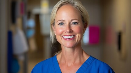 Smiling woman stands indoors wearing a blue scrub top with a blurred hallway background.