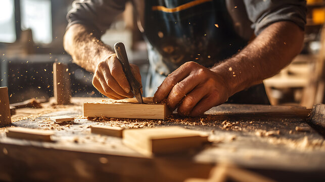 Carpenter Working with Wood in Workshop