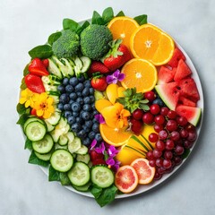 Colorful platter of sliced fruits and vegetables