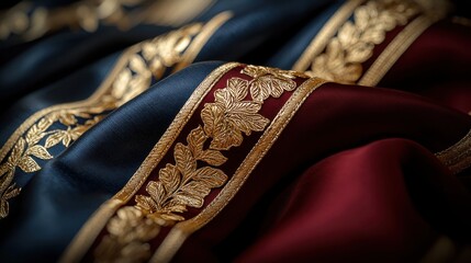 A blue and red fabric with gold leaf designs