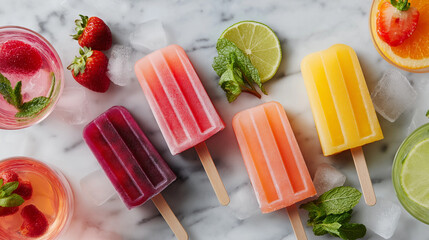 Colorful Fruit Popsicles On Marble Surface
