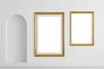 Fototapeta premium Modern minimalist room with gold-framed art prints on a white wall and a decorative arch. A clean and elegant interior design ready to be customized.