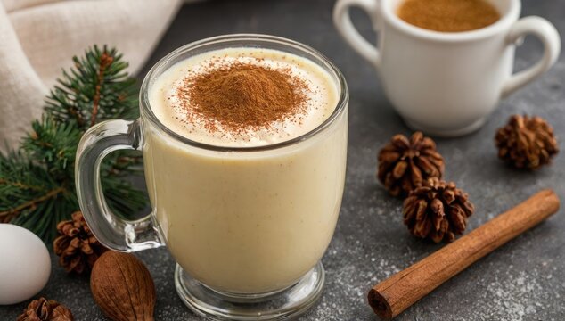 Eggnog in a glass mug with nutmeg sprinkled on top