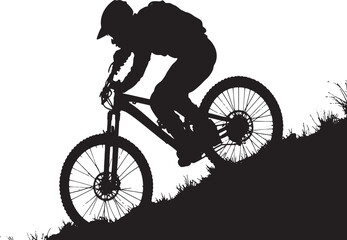 Fototapeta premium Silhouette of Cyclist Riding Uphill on Mountain Trail