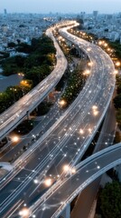 Highways interconnect the city with glowing lines, showcasing a vibrant skyline and urban landscape under the night sky.