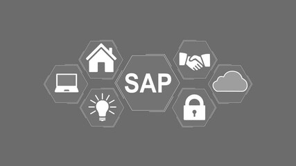 4k Video Software concept. SAP software system and enterprise integration. digital SAP interface on laptop, icons related to cloud computing, analytics, security, and data systems. - Powered by Adobe