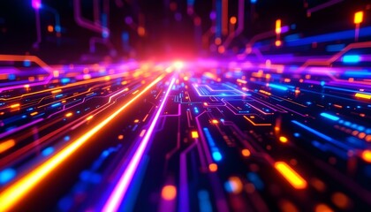 Fototapeta premium Futuristic cybernetic background featuring holographic data panels, glowing circuit pathways, and digital waveforms. Dark background with bright blue and violet accents to evoke innovation and advance