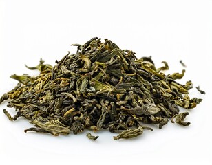 dry green tea leaves heap isolated white background