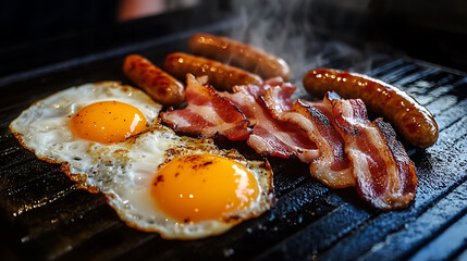 Breakfast Platter: sunny-side up eggs, crispy bacon strips, and savory sausages on a grill, ready for a delicious morning meal. Classic breakfast favorites.
