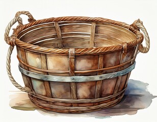 isolated on white a watercolor painting illustrates an old metal basket adorned with a rope handle
