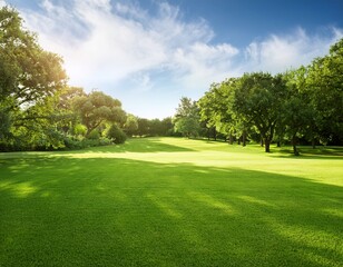 Fototapeta premium lush green park lawn trees background sunny day landscape design