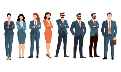 Cartoon vector illustration of business people. Men and women, wearing formal suits discussing