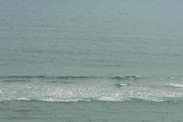 Tranquil coastal scene at sunrise with soft ocean waves rolling onto the shore and birds flying peacefully through the pastel morning sky. The gentle light of dawn creates a dreamy and serene atmosphe