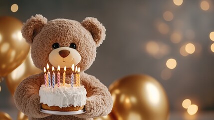 Teddy bear holds a birthday cake with lit candles in front of golden balloons and bokeh lights.