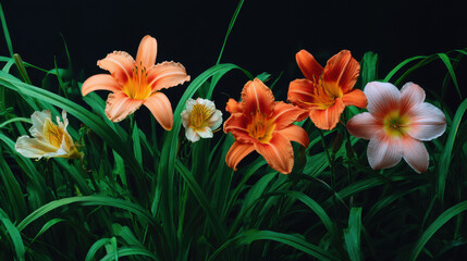 Fototapeta premium Vivid daylilies in shades of orange, peach, and white bloom beautifully amidst lush green foliage against a dark, contrasting background in a garden setting.