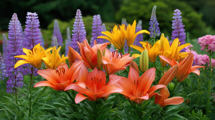 Orange and yellow lilies bloom brightly in a lush garden, surrounded by tall purple lupines and other colorful flowers du a beautiful summer day outdoor. © MasTPX