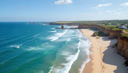 Obraz premium Scenic Beach with Ocean Waves and Cliffs during Clear Day