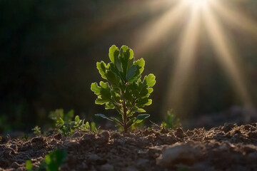 Seed transforms into a healthy young oak tree under the warm sunlight in a peaceful garden