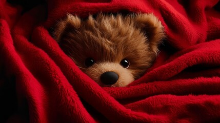Teddy bear is wrapped snugly in a red plush blanket, looking directly at the camera with its cute eyes.