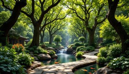 Obraz premium Serene Tree Canopy Over Calm Water with Lush Greenery and Pathways