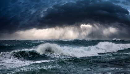 Fototapeta premium dramatic portrayal of a turbulent sea with towering waves amidst a raging storm depicting the raw power and intensity of nature in a visually stunning composition