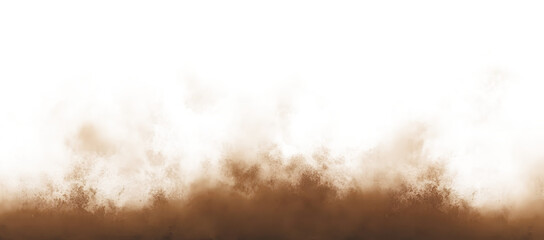 Brown dust sand soil smoke cloud particles isolated on a transparent white background. Sandstorm effect, smog, dust explosion rising, Smoke fog overlay effect. Blurred soil dust. PNG design elements