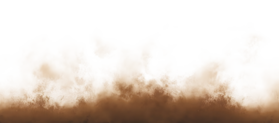 Brown dust sand soil smoke cloud particles isolated on a transparent white background. Sandstorm effect, smog, dust explosion rising, Smoke fog overlay effect. Blurred soil dust. PNG design elements