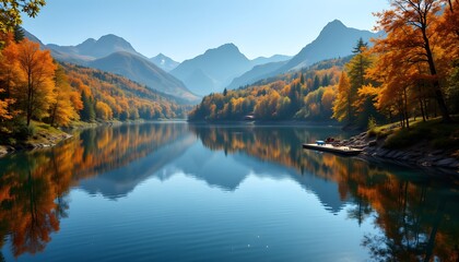 Fototapeta premium Tranquil Lake Reflecting Vibrant Autumn Colors Under Clear Sky