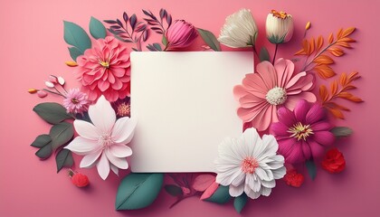 Obraz premium flowers around a white square on a pink background