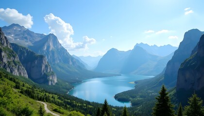 Naklejka premium Stunning Mountain Peaks with Serene Lake Under Clear Blue Sky