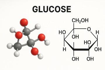 Glucose molecule and chemical structure illustration of simple sugar compound. concept of chemistry, molecular science, educational diagram, organic compound study white background