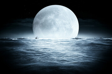 Surreal landscape with a giant moon illuminating floating ships over dark waters