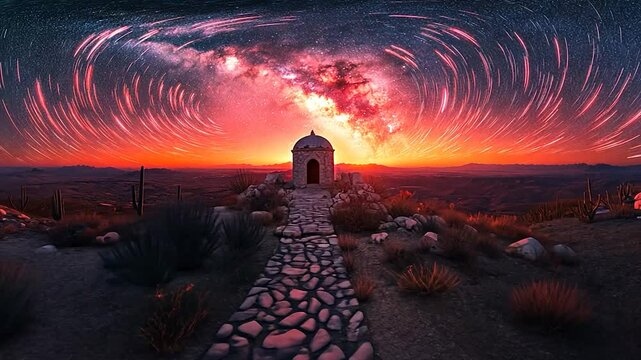 Desert sanctuary beneath swirling starlight, evocative landscape architecture, arid mystic horizon